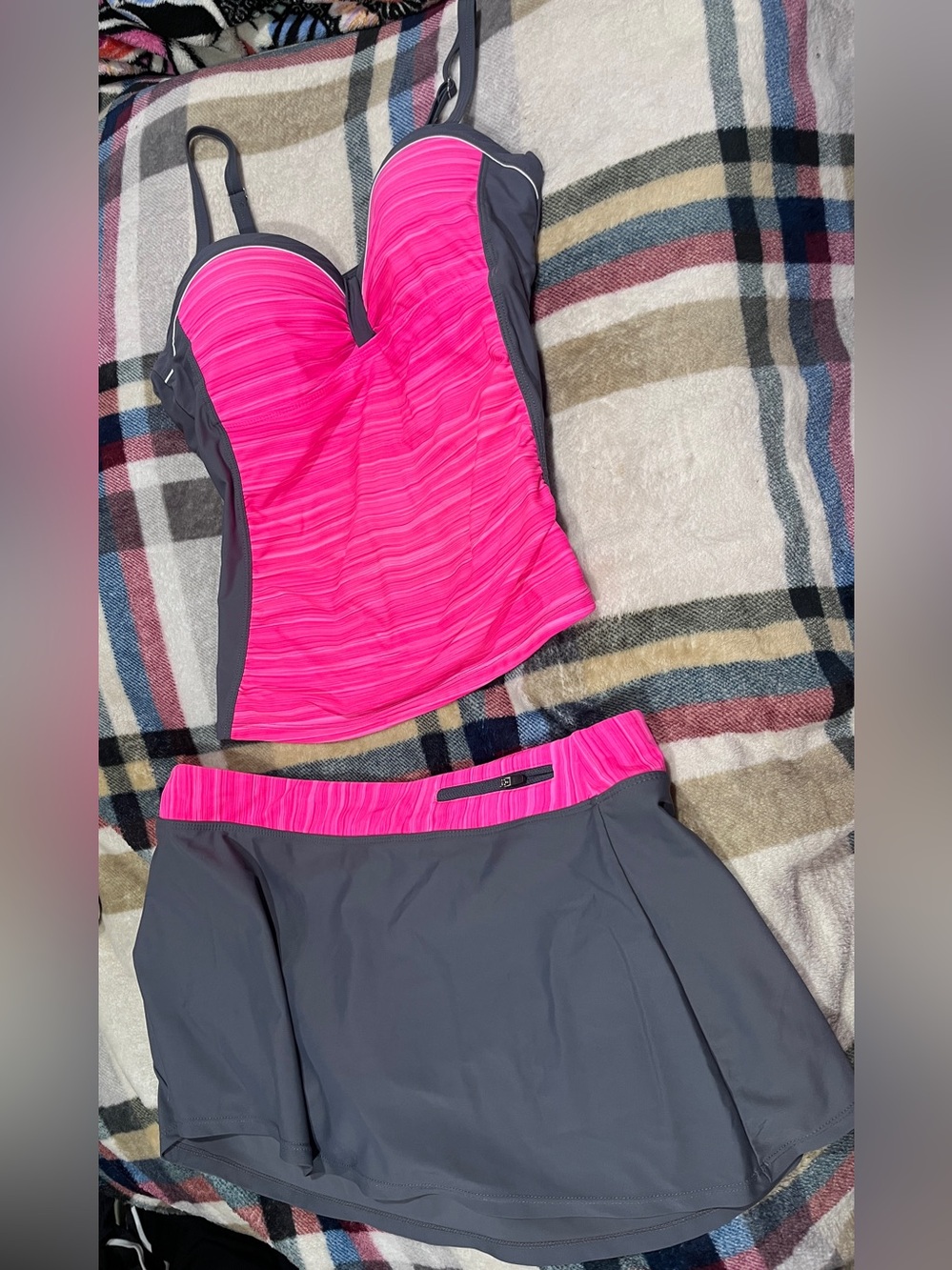 Hot Pink and Gray Tankini Swim Set - size L